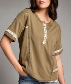 BKE Floral Trim Henley Top Vetiver Discount