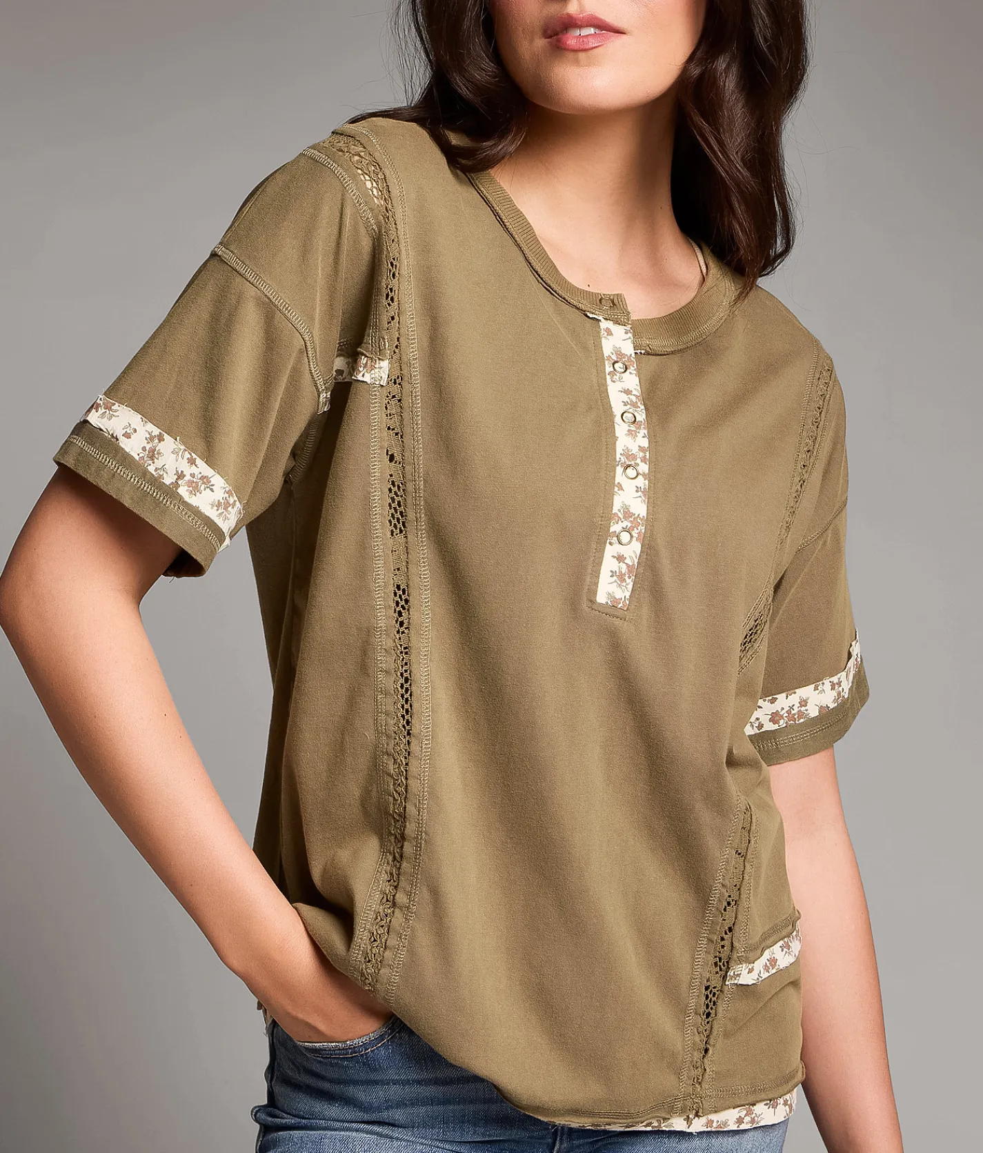 BKE Floral Trim Henley Top Vetiver Discount