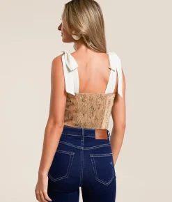 Willow & Root Floral Velvet Corset Cropped Tank Top Beige Multi Clearance