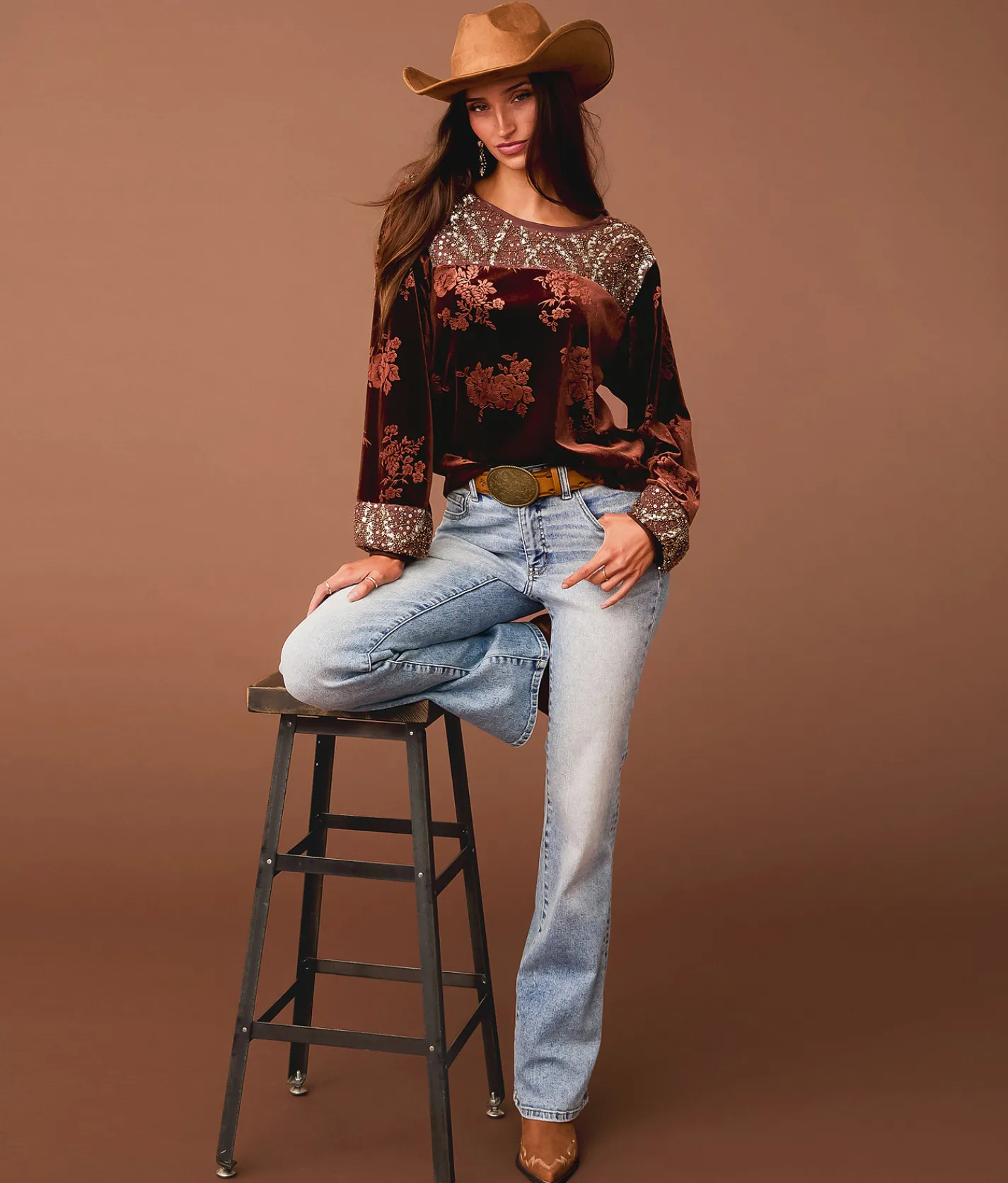 Tops | Sterling & Stitch Floral Velvet Top Rum Raisin