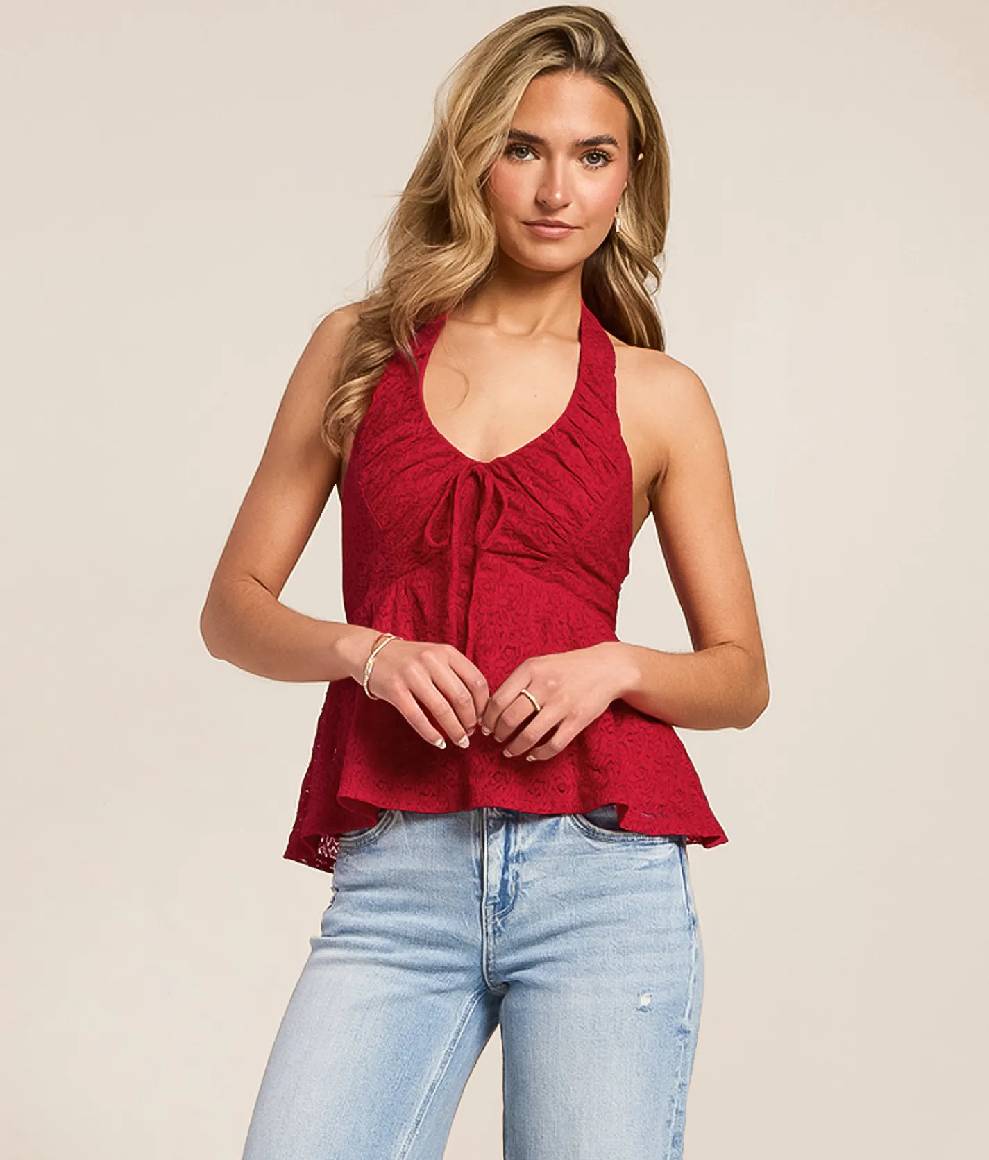 Tops | Willow & Root Flowy Lace Halter Tank Top Red