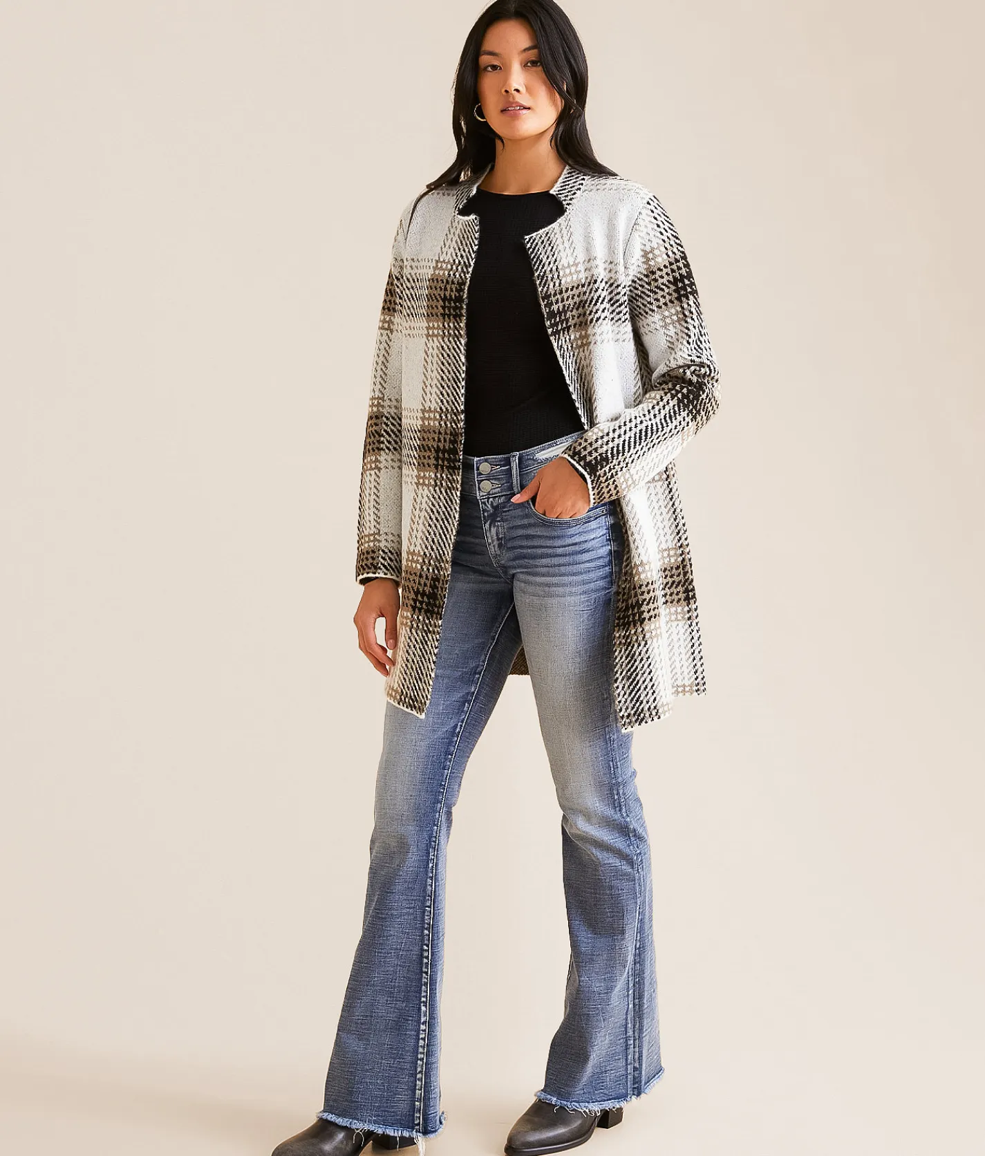 Tops | Open SZN Flyaway Cardigan Sweater Black White Taupe