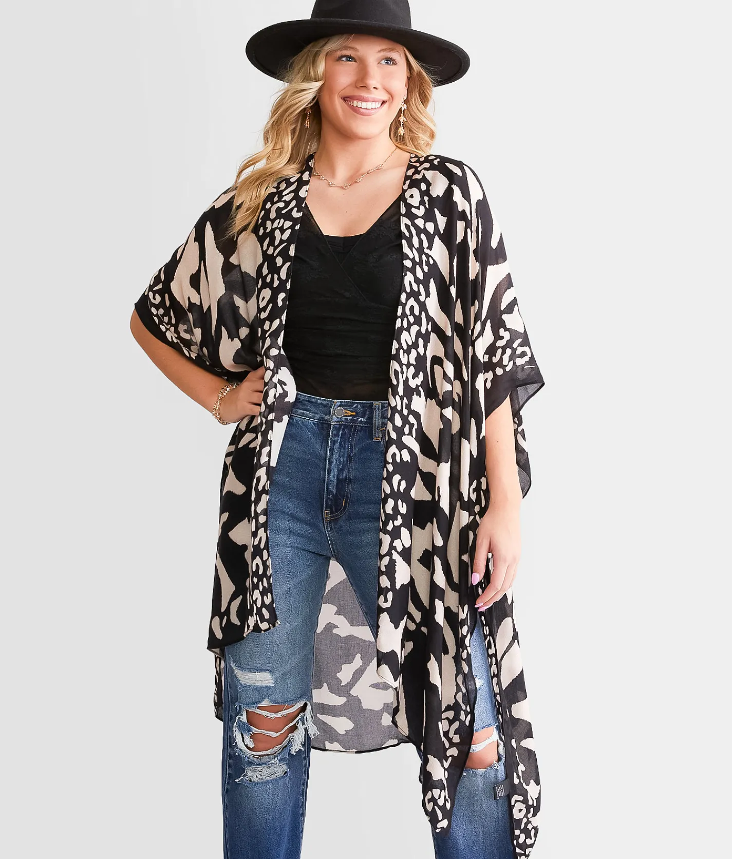 Angie Flyaway Kimono - One Size Black Tan Online