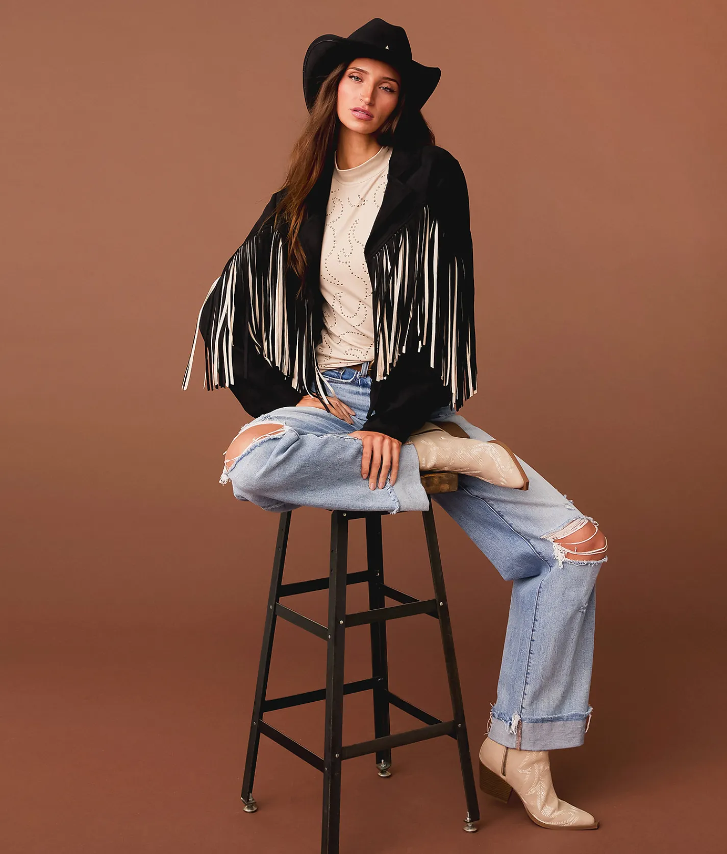 Sterling & Stitch Flyaway Two Tone Fringe Jacket Black Cream Outlet