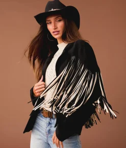 Sterling & Stitch Flyaway Two Tone Fringe Jacket Black Cream Outlet