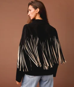 Sterling & Stitch Flyaway Two Tone Fringe Jacket Black Cream Outlet