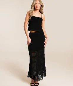 Z Supply Flynn Fringe Midi Skirt Black Clearance