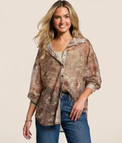 Tops | Daytrip Foiled Floral Mesh Blouse Cappuccino