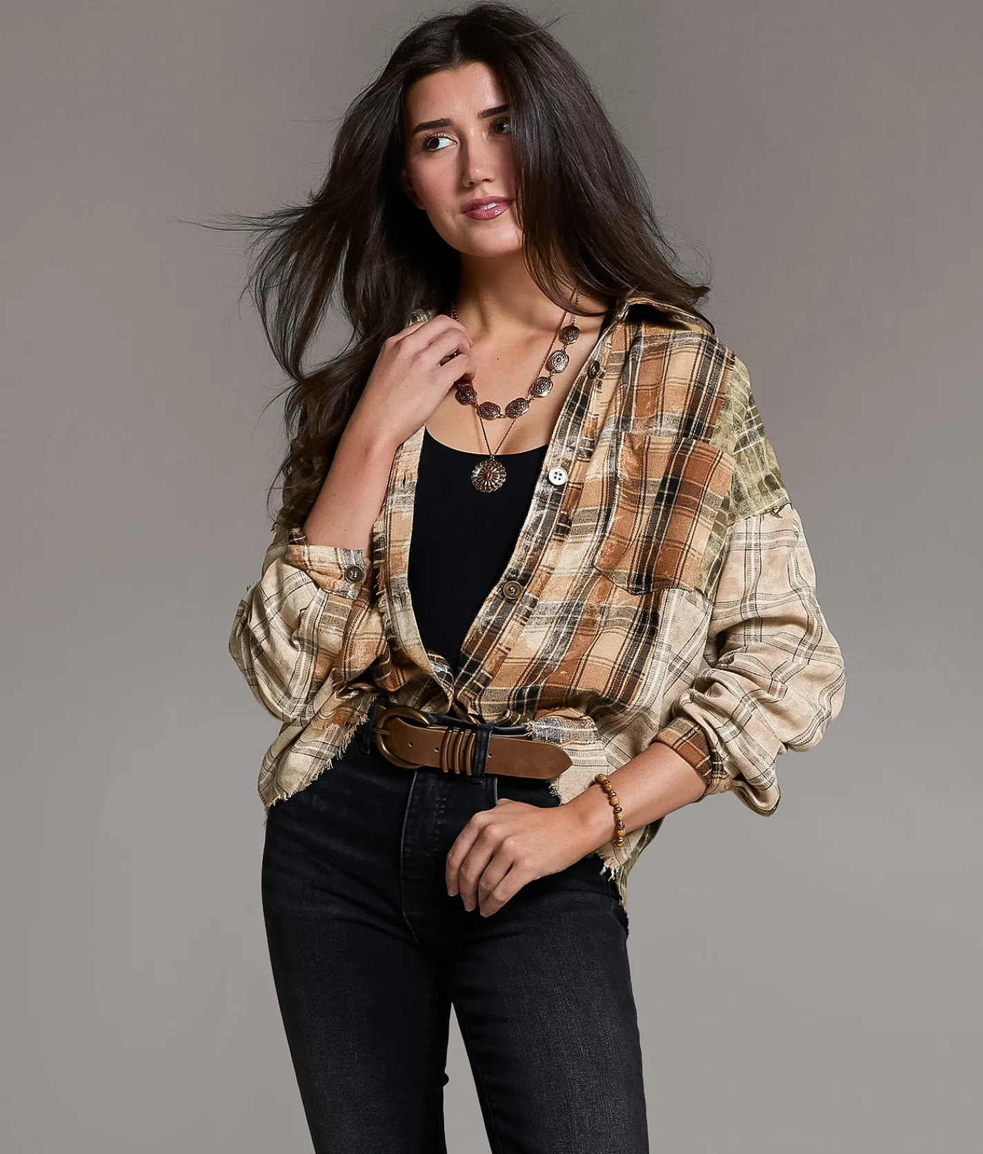 BKE Frayed Flannel Boyfriend Shirt Brown New