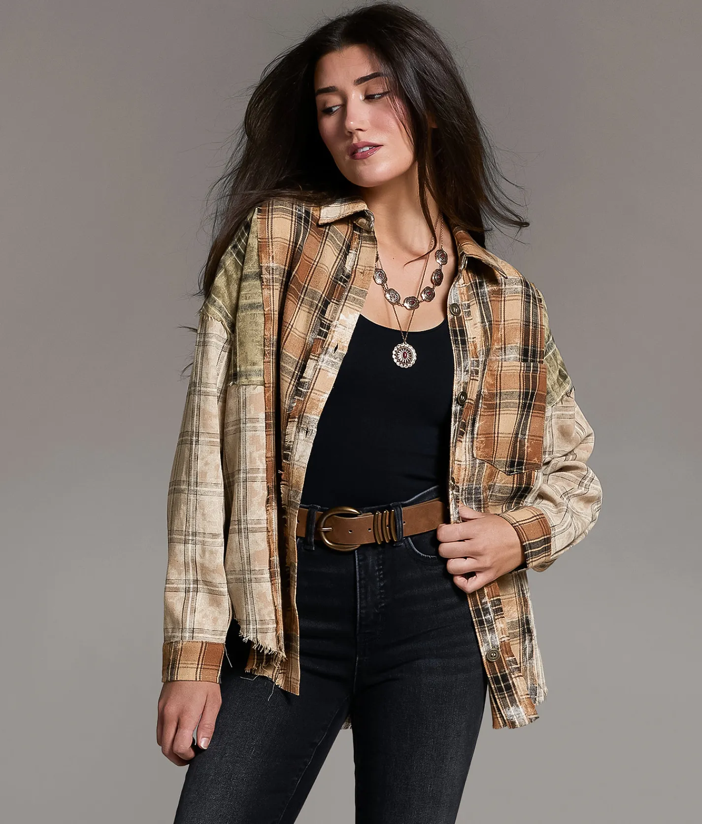 BKE Frayed Flannel Boyfriend Shirt Brown New