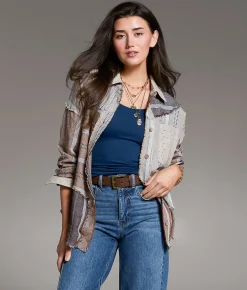 Tops | BKE Frayed Mixed Media Shirt Beige