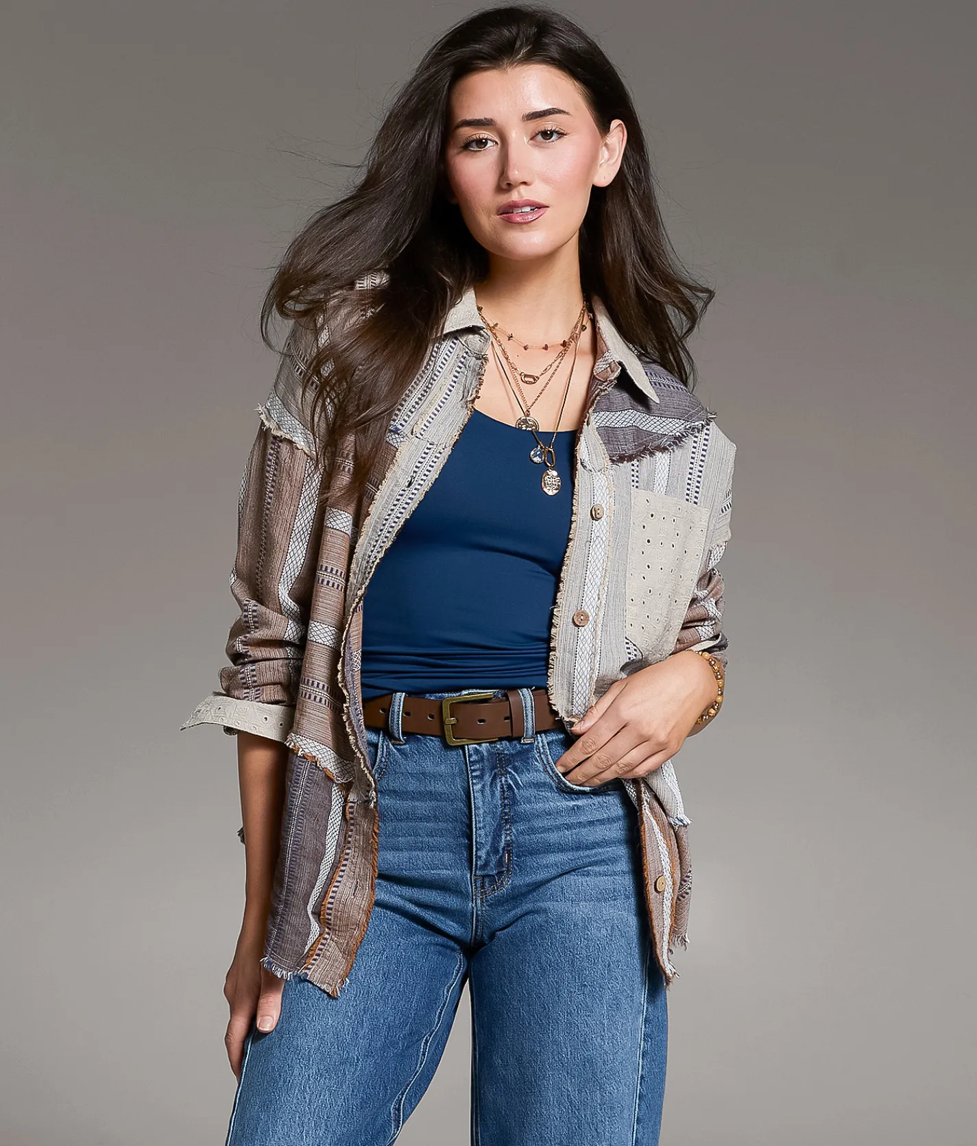 Tops | BKE Frayed Mixed Media Shirt Beige