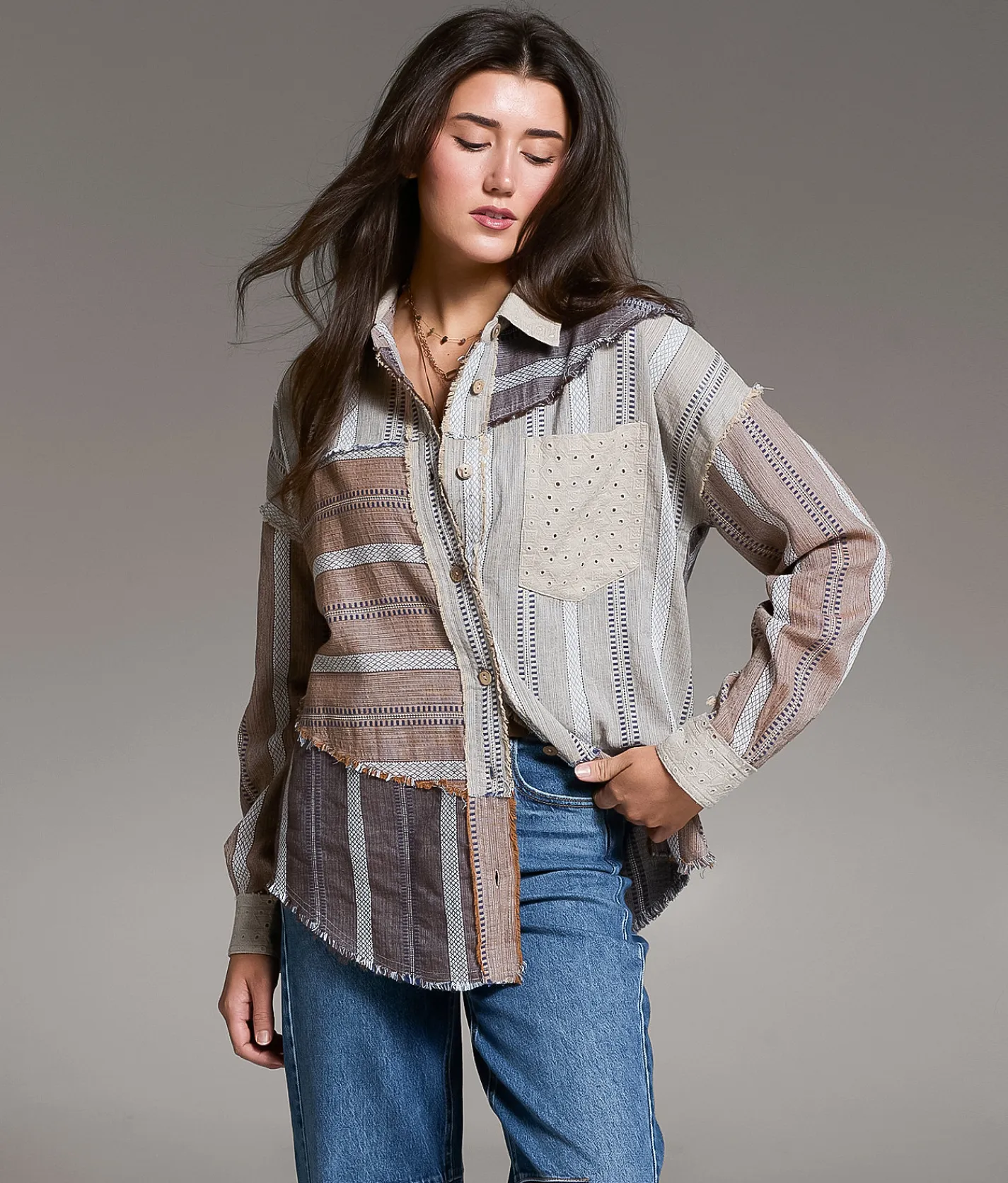 Tops | BKE Frayed Mixed Media Shirt Beige