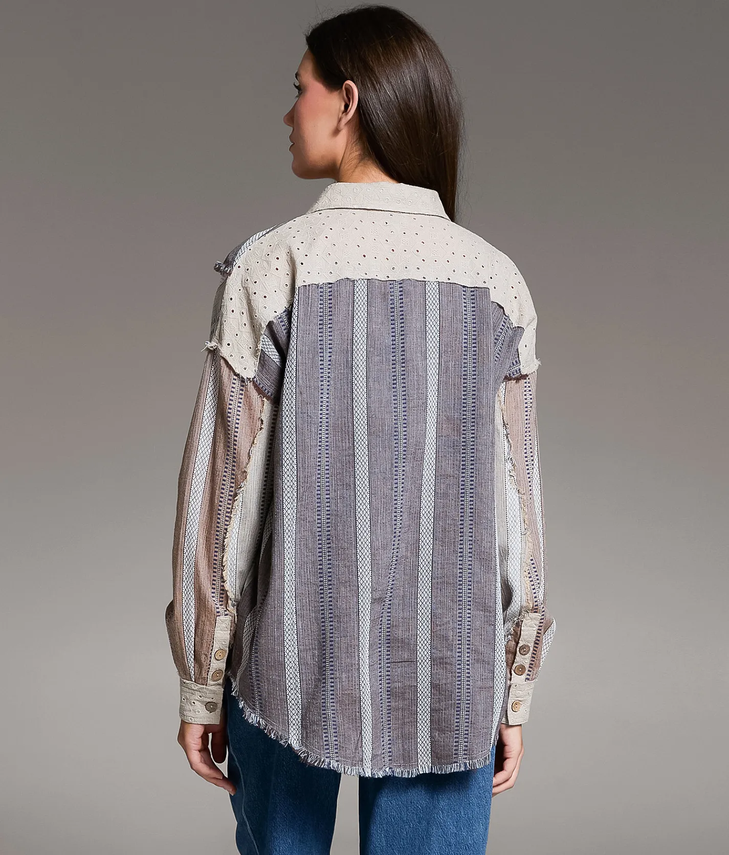 Tops | BKE Frayed Mixed Media Shirt Beige