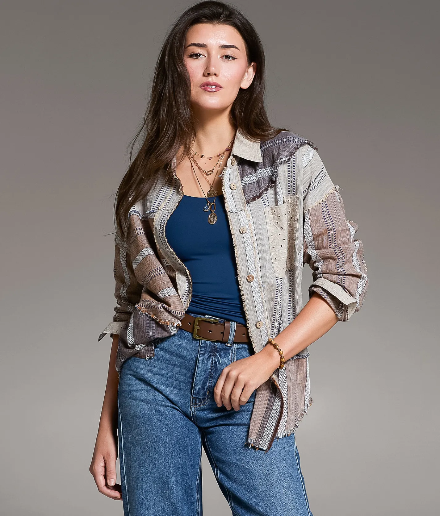 Tops | BKE Frayed Mixed Media Shirt Beige