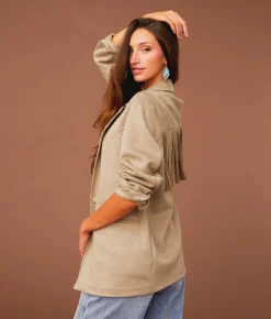 Sterling & Stitch Fringe Blazer Cobblestone New