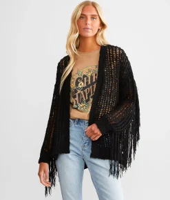 Peach Love California Fringe Cardigan Sweater Black Sale