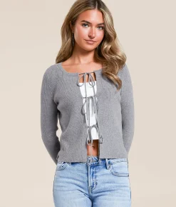 Tops | Willow & Root Front Tie Cardigan Sweater Heather Grey