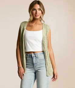 Main Strip Front Tie Cardigan Sweater Vest Sage Discount