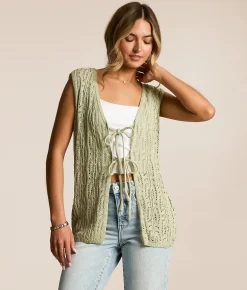 Main Strip Front Tie Cardigan Sweater Vest Sage Discount