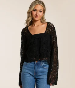 Beivy Front Tie Cropped Cardigan Sweater Black