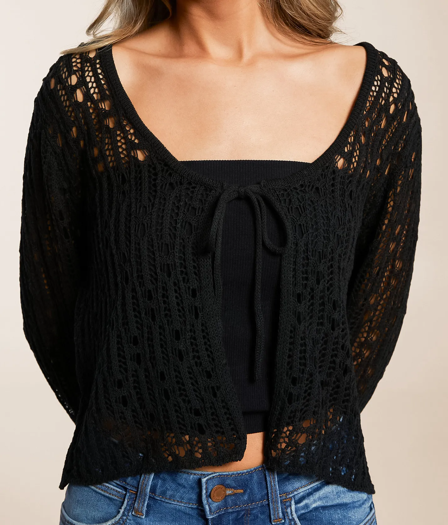 Beivy Front Tie Cropped Cardigan Sweater Black