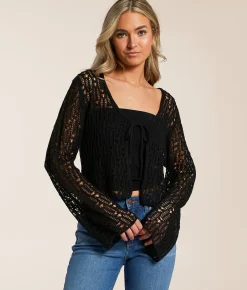 Beivy Front Tie Cropped Cardigan Sweater Black