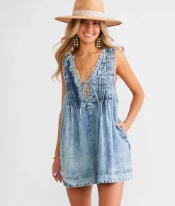 Veveret Front Tie Denim Romper White Online