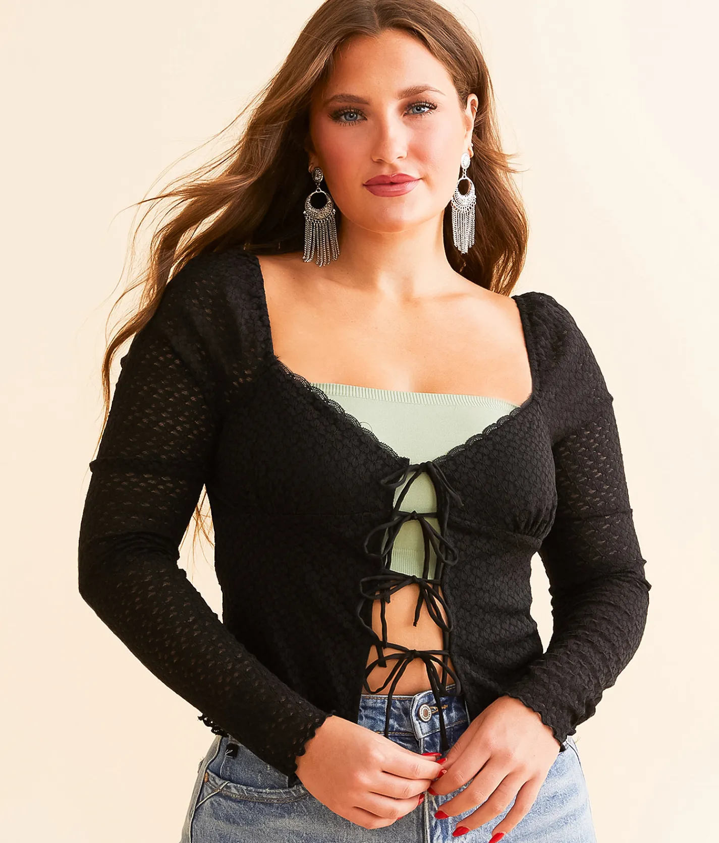 Tops | Willow & Root Front Tie Lace Top Black