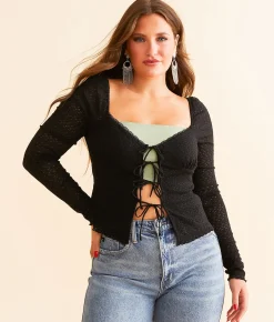 Tops | Willow & Root Front Tie Lace Top Black