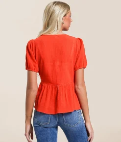 Tops | Hyfve Front Tie Peplum Top Red Orange