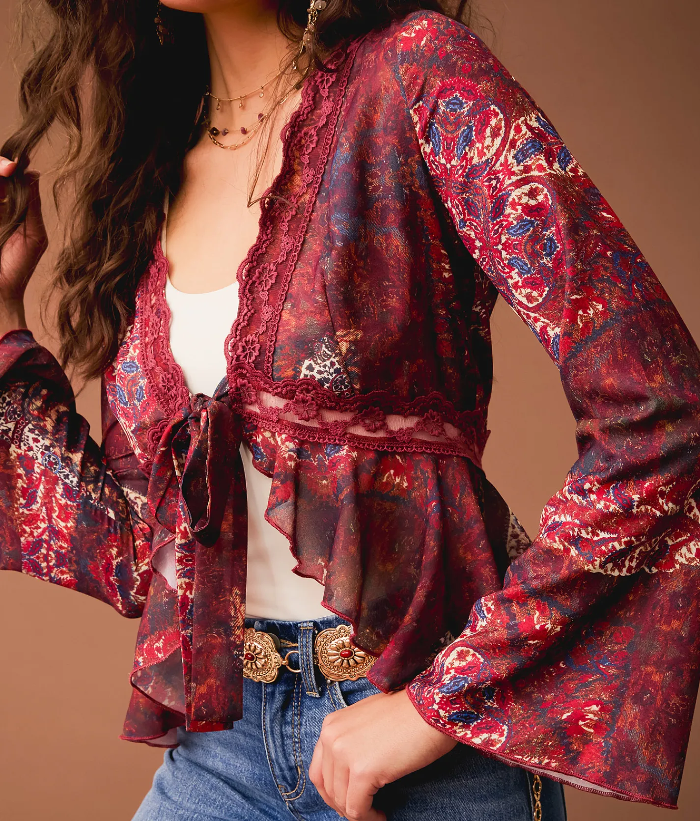 Gimmicks Front Tie Ruffle Top Brown Multi Online