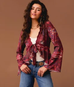 Gimmicks Front Tie Ruffle Top Brown Multi Online