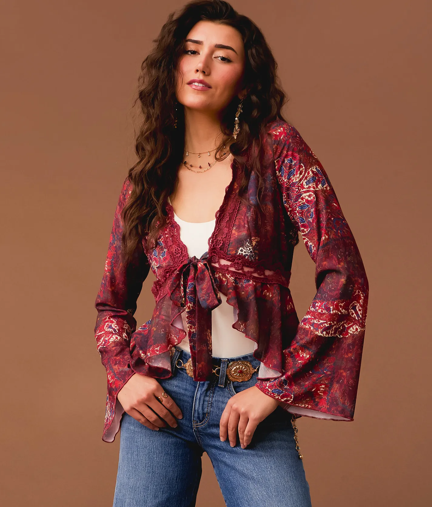Gimmicks Front Tie Ruffle Top Brown Multi Online