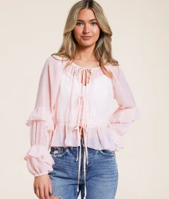 Tops | Willow & Root Front Tie Ruffle Top Baby Pink