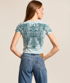 Affliction Frozen Sacrifice Cropped T-Shirt Sky Blue Potassium Spray New
