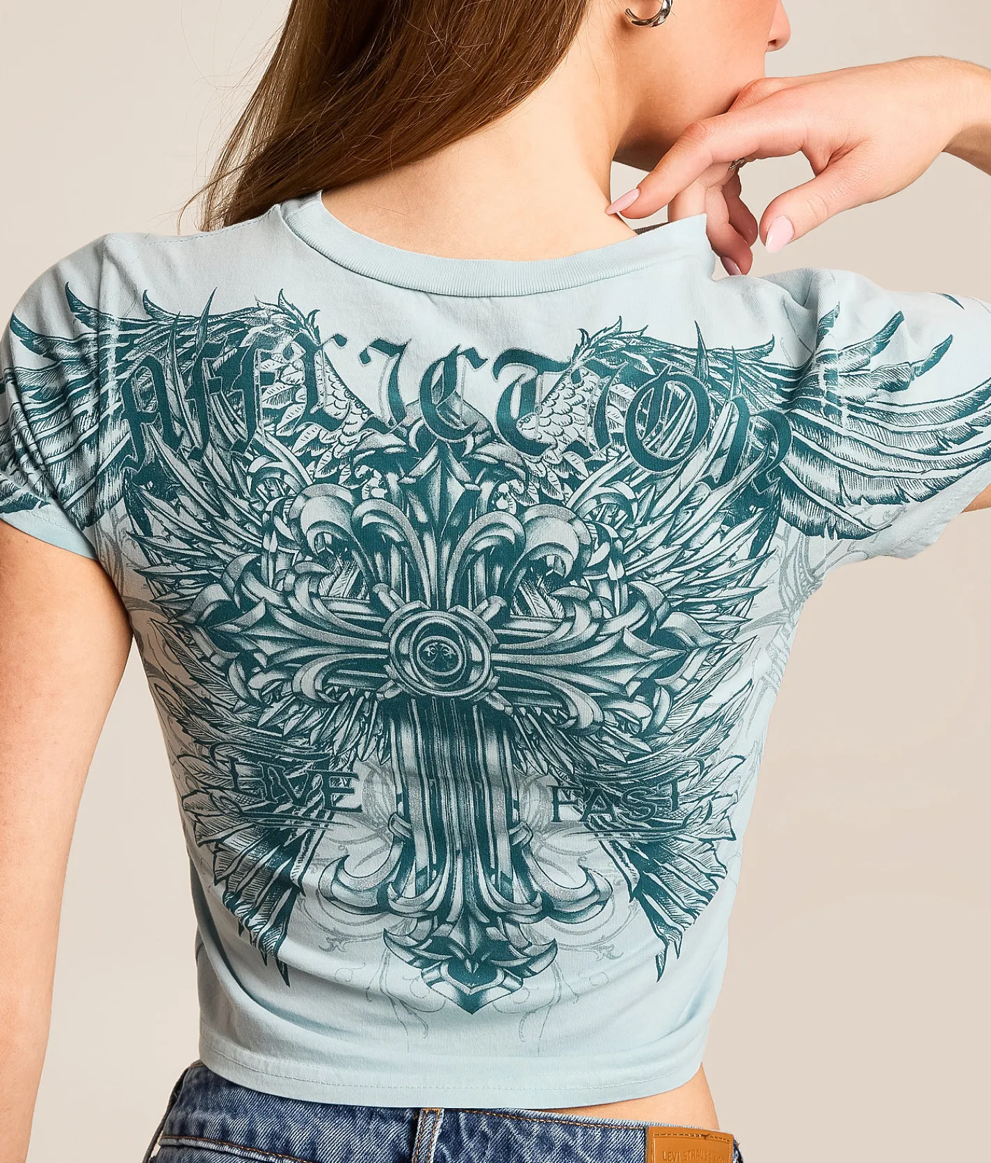 Affliction Frozen Sacrifice Cropped T-Shirt Sky Blue Potassium Spray New