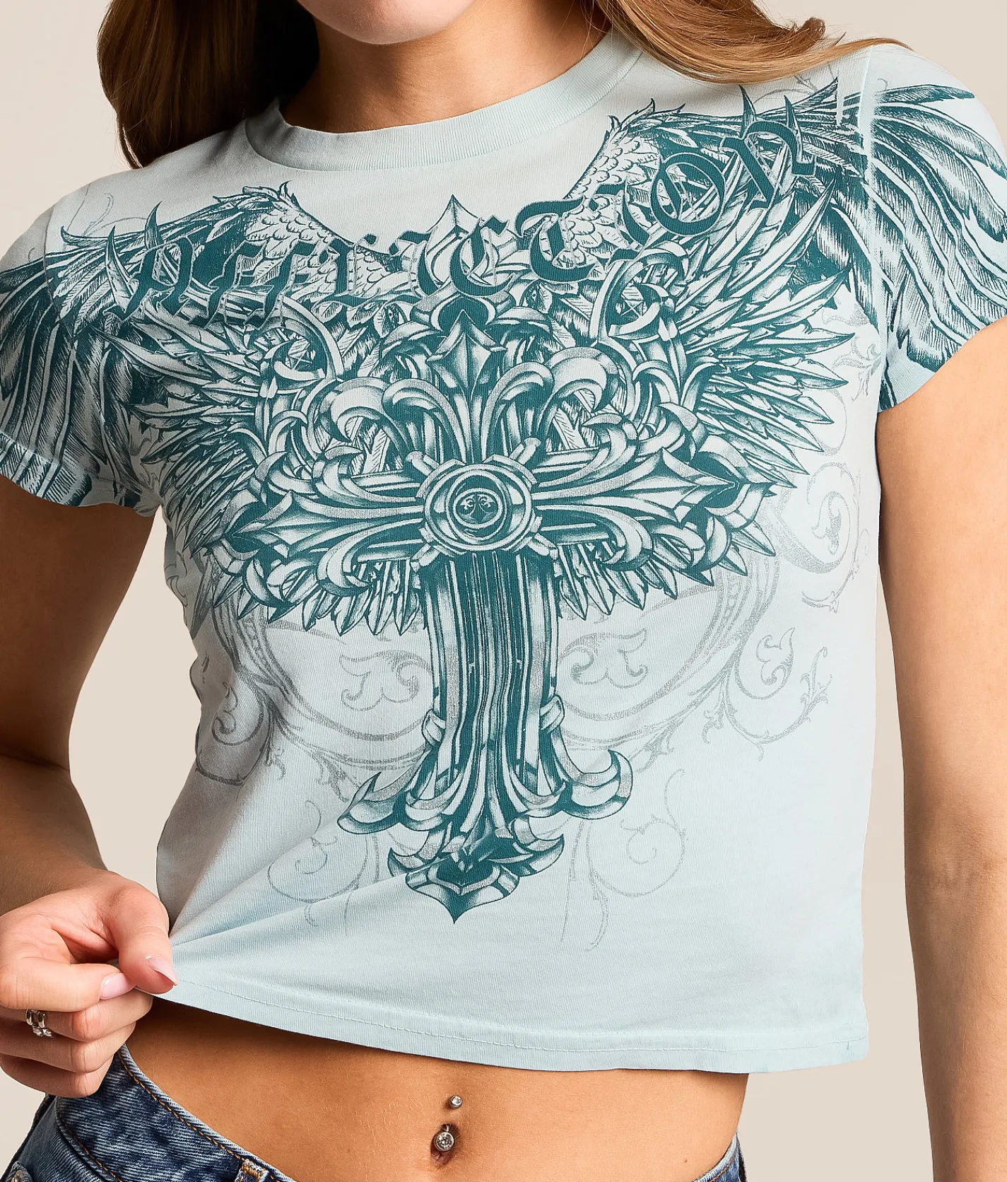 Affliction Frozen Sacrifice Cropped T-Shirt Sky Blue Potassium Spray New