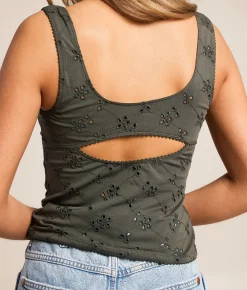 Free People Full Bloom Eyelet Tank Top Hunter Green New