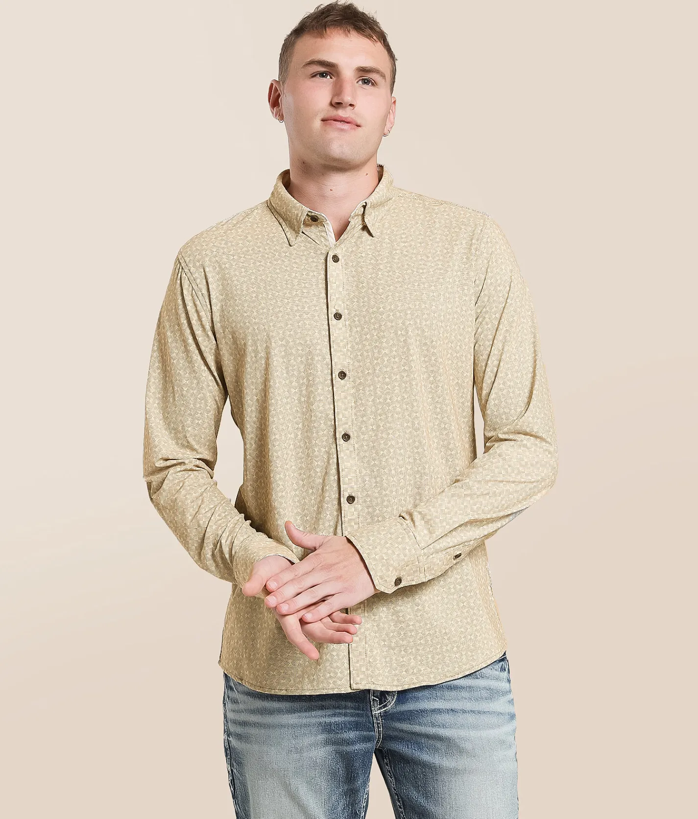 J.B. Holt Geo Athletic Performance Stretch Shirt Cream Brown Best