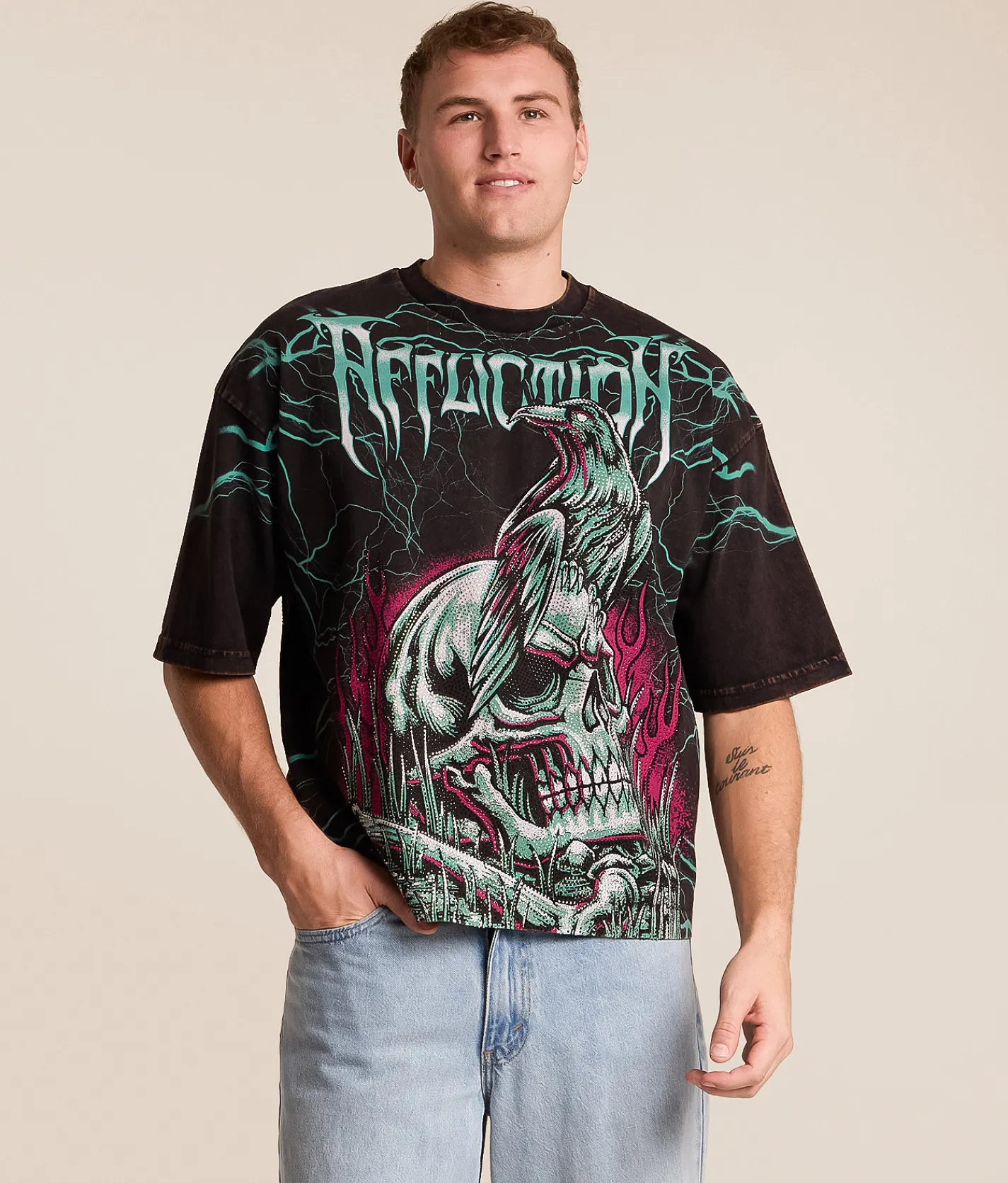 Tops|Graphic T-Shirts | Affliction Ghost Image T-Shirt Black Brown Lava Wash