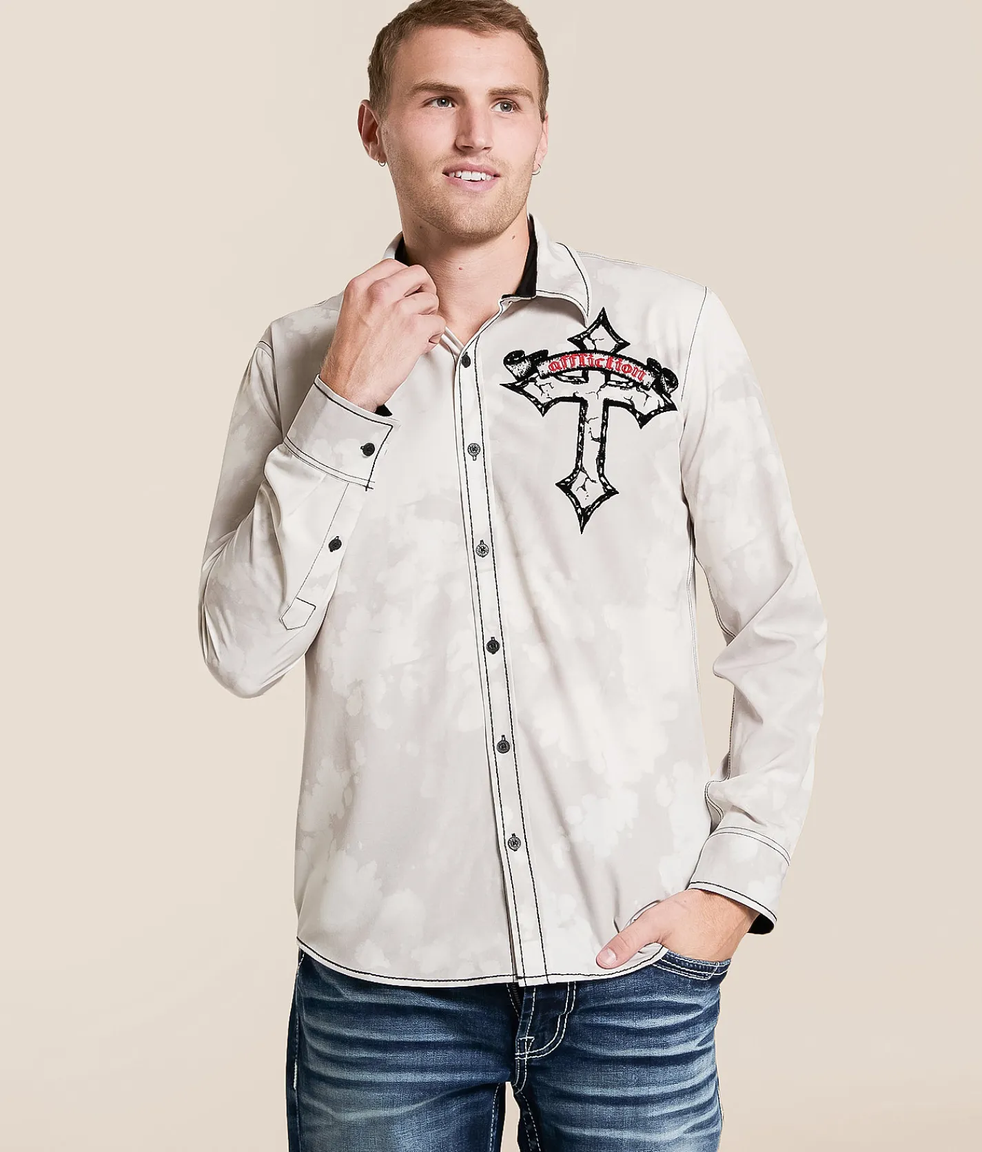 Affliction Gilded Light Stretch Shirt Beige Clearance