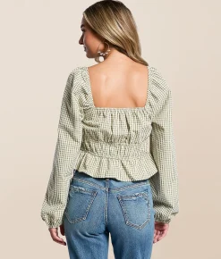 LE LIS Gingham Peplum Top Olive Ivory Sale