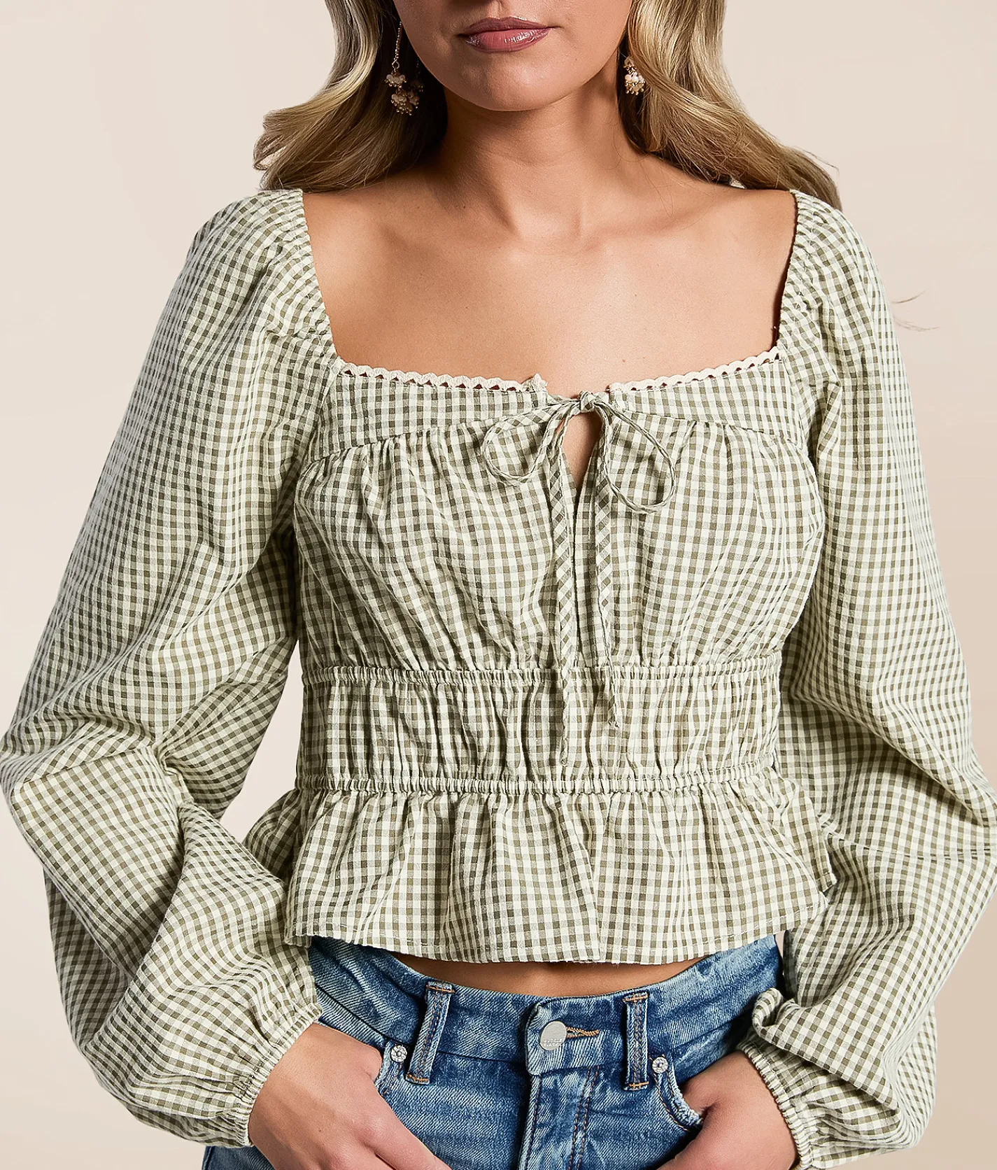 LE LIS Gingham Peplum Top Olive Ivory Sale