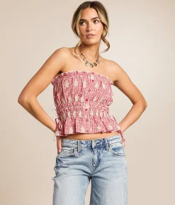 Willow & Root Gingham Peplum Tube Top Red Outlet