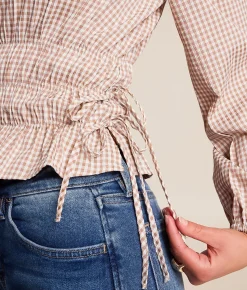 Willow & Root Gingham Smocked Top White Taupe Hot