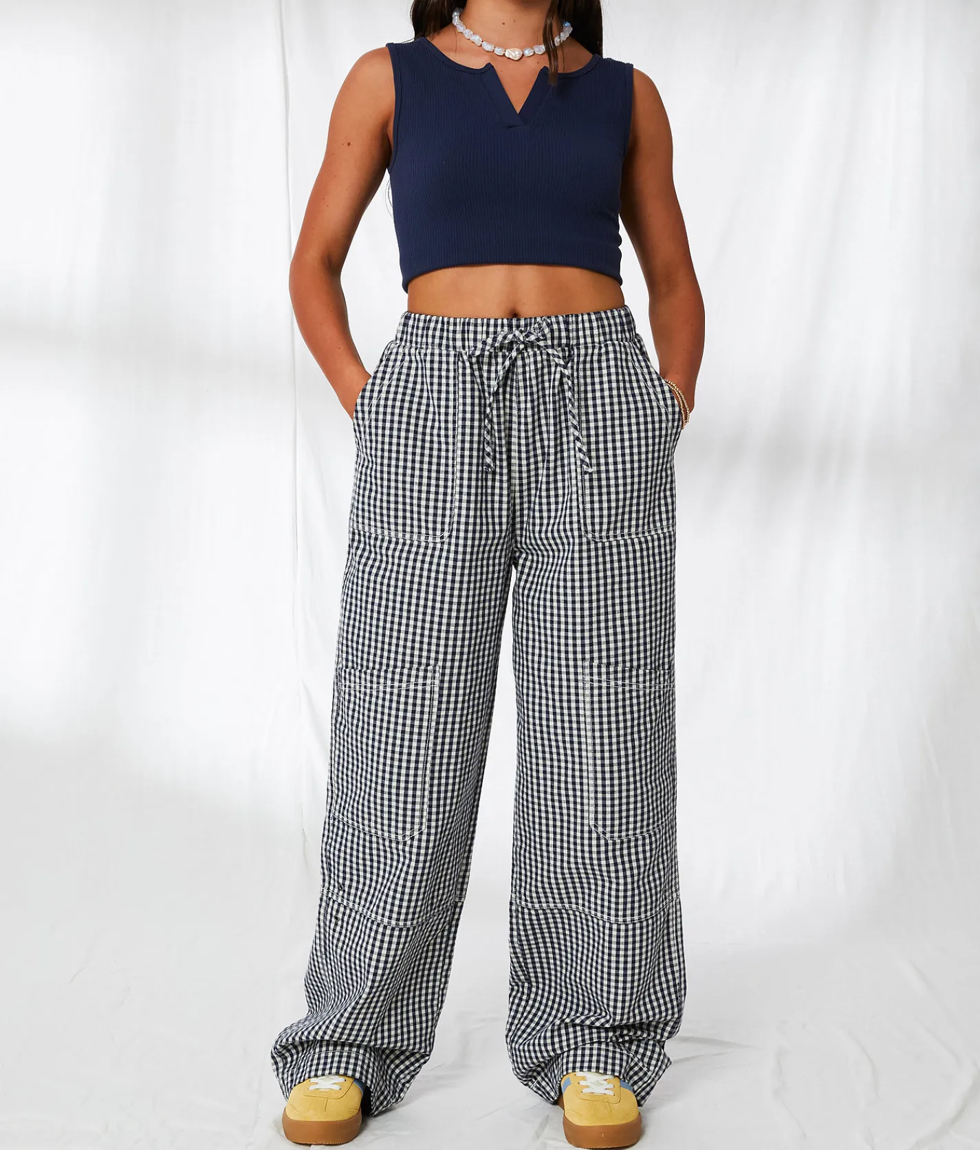 Bottoms | 33 Coastal Gingham Wide Leg Utility Pant Mood Indigo Gingham