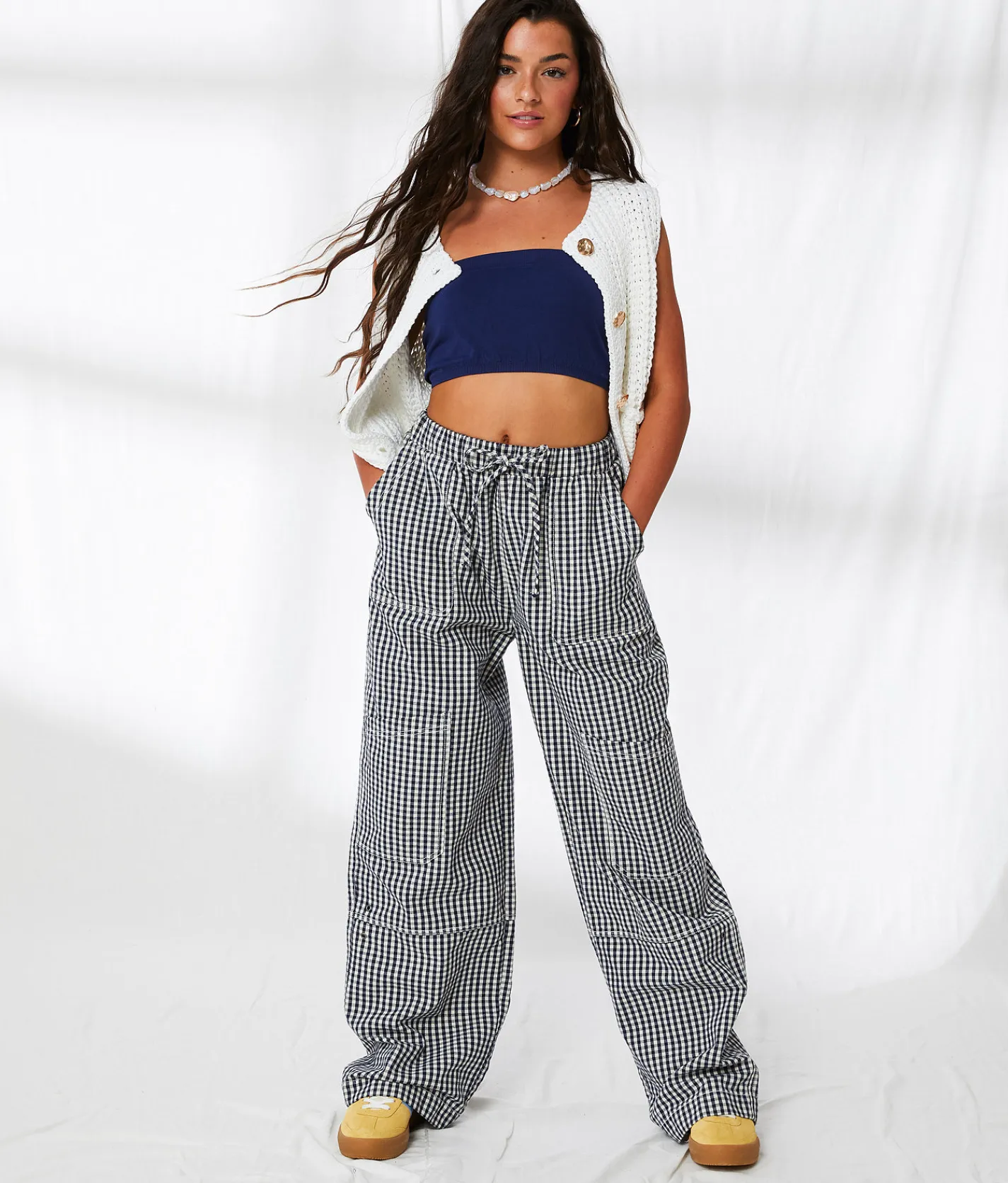 Bottoms | 33 Coastal Gingham Wide Leg Utility Pant Mood Indigo Gingham