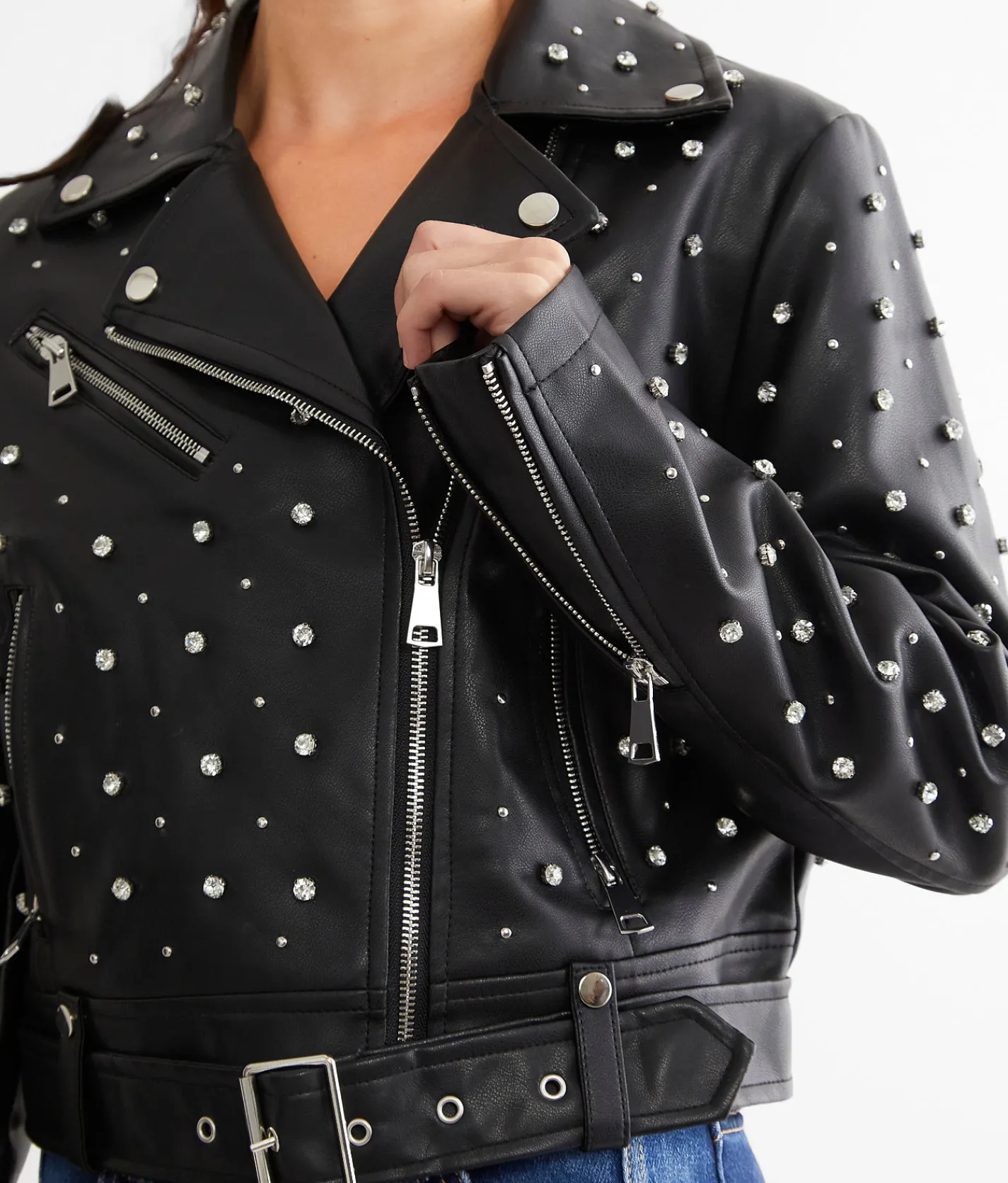 Azalea Wang Glitz Cropped Faux Leather Jacket Black