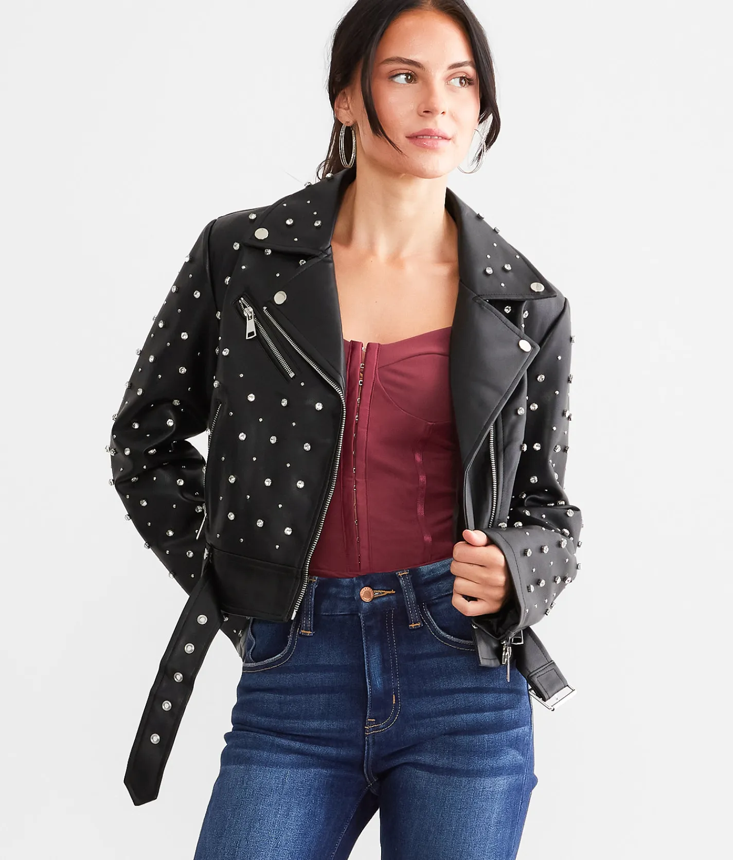 Azalea Wang Glitz Cropped Faux Leather Jacket Black
